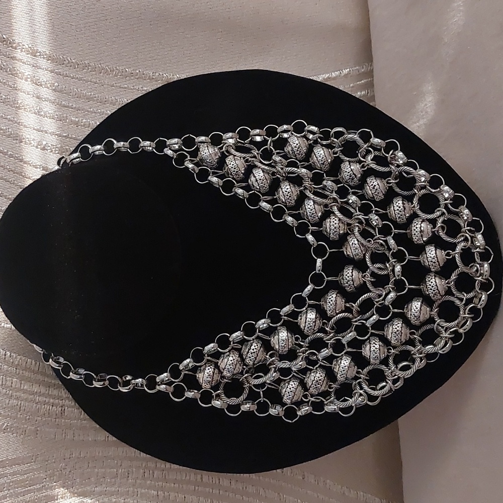 Mialisia Cleopatra Statement Necklace Silver Bib Chainmail Boho Chic EUC